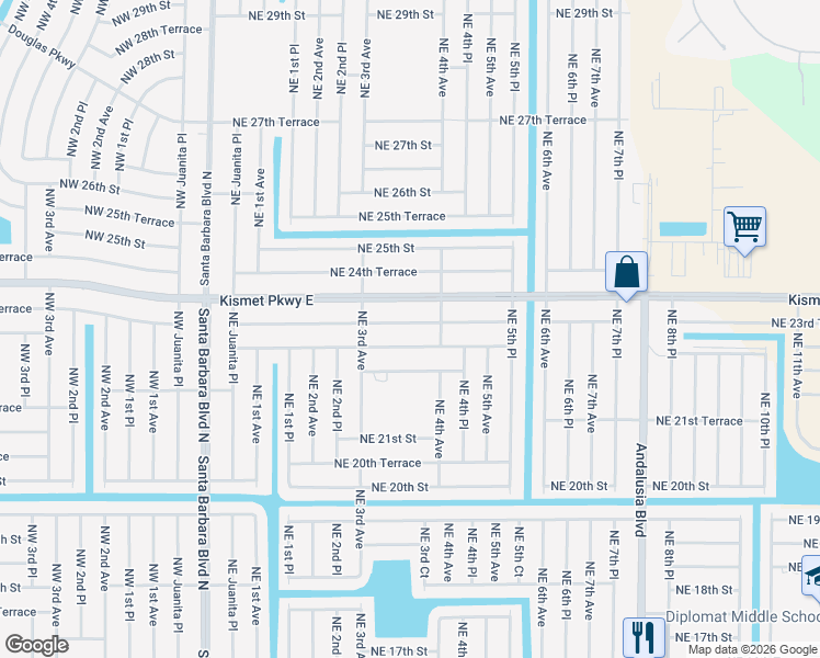 map of restaurants, bars, coffee shops, grocery stores, and more near 335 Northeast 23rd Terrace in Cape Coral