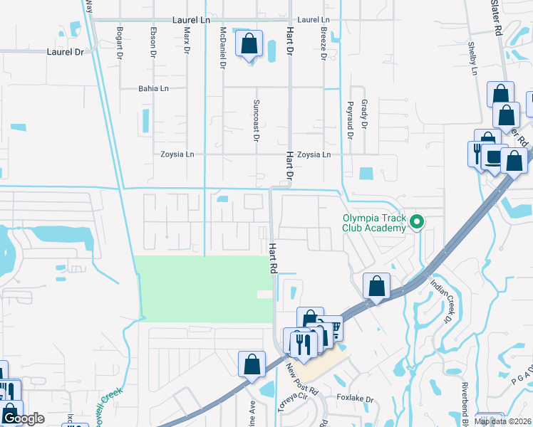 map of restaurants, bars, coffee shops, grocery stores, and more near 15860 Hart Road in North Fort Myers