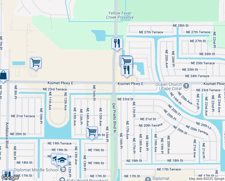 map of restaurants, bars, coffee shops, grocery stores, and more near 21540 Del Prado Boulevard North in Cape Coral