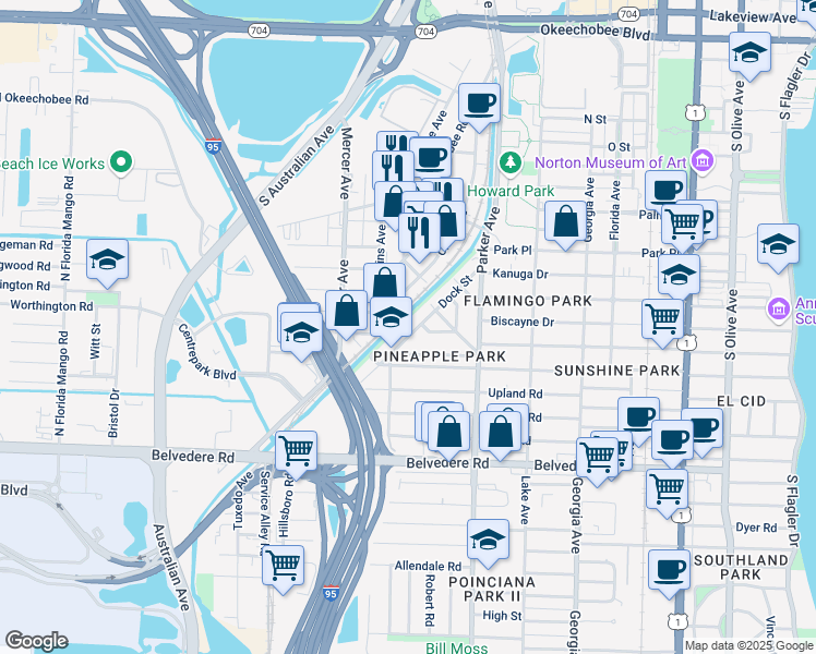 map of restaurants, bars, coffee shops, grocery stores, and more near 2131 Dock Street in West Palm Beach