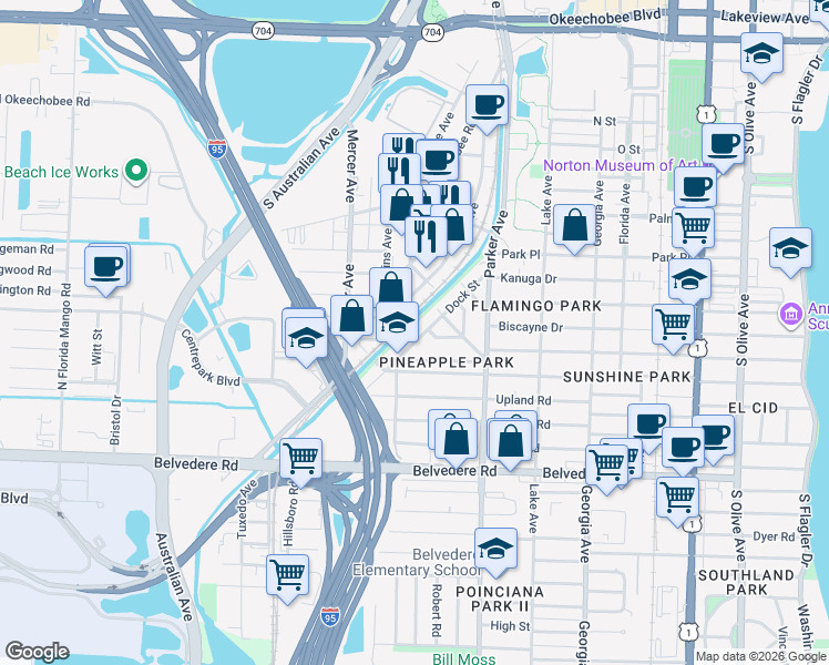 map of restaurants, bars, coffee shops, grocery stores, and more near 2131 Dock Street in West Palm Beach