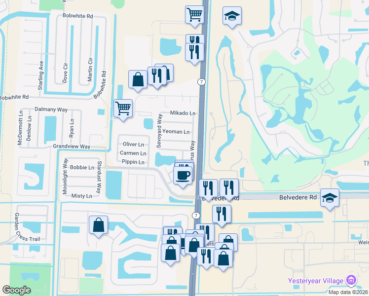 map of restaurants, bars, coffee shops, grocery stores, and more near 10131 Penzance Lane in Royal Palm Beach