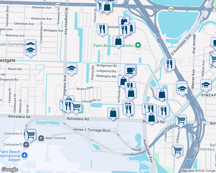 map of restaurants, bars, coffee shops, grocery stores, and more near 2033 Whitney Road in West Palm Beach