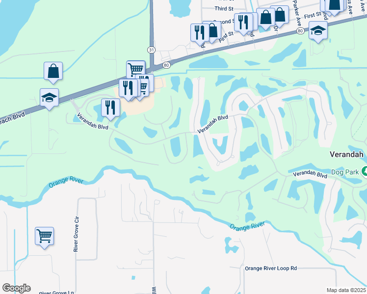 map of restaurants, bars, coffee shops, grocery stores, and more near 3241 Shady Bend in Fort Myers