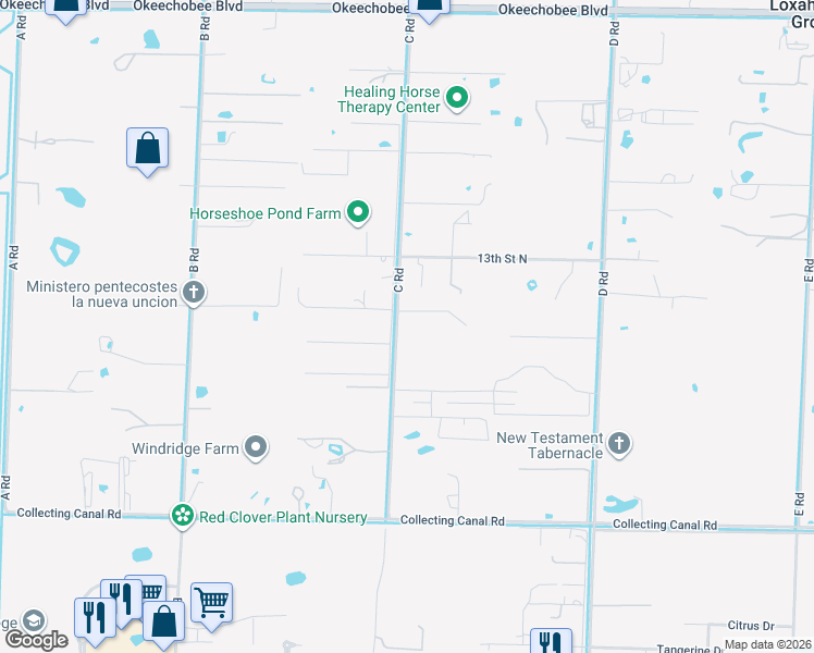 map of restaurants, bars, coffee shops, grocery stores, and more near 1216 C Road in Loxahatchee