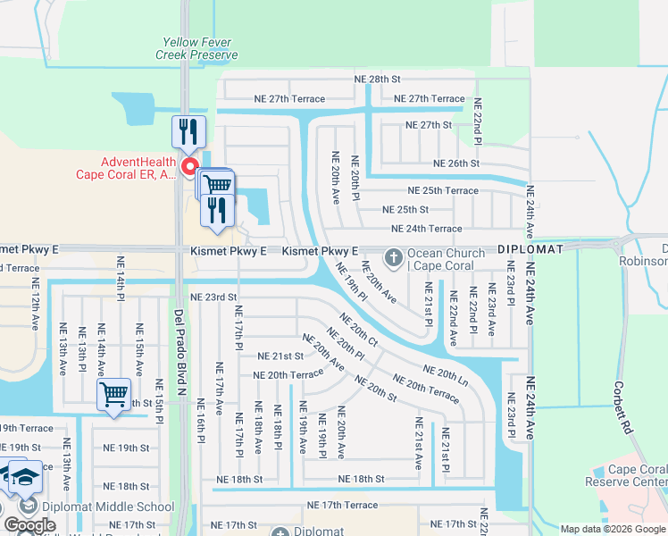 map of restaurants, bars, coffee shops, grocery stores, and more near 2336 Northeast 19th Place in Cape Coral