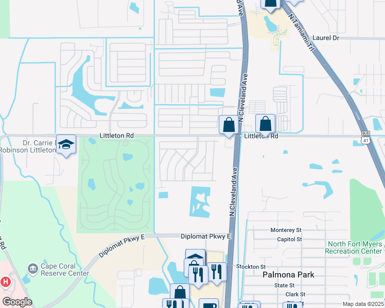 map of restaurants, bars, coffee shops, grocery stores, and more near 34 Serendipity Boulevard in North Fort Myers