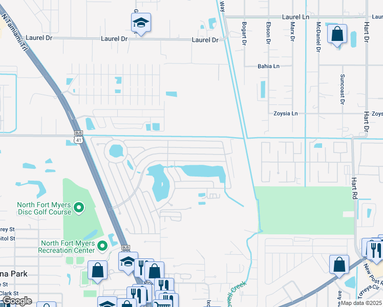 map of restaurants, bars, coffee shops, grocery stores, and more near 672 Brigantine Boulevard in North Fort Myers