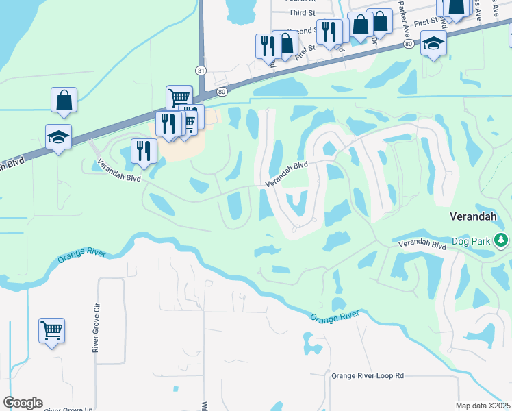 map of restaurants, bars, coffee shops, grocery stores, and more near 3241 Shady Bend in Fort Myers