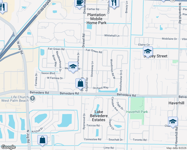 map of restaurants, bars, coffee shops, grocery stores, and more near 1204 Stoneway Lane in West Palm Beach