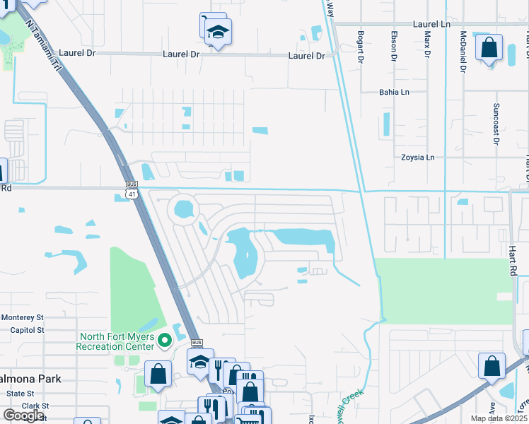 map of restaurants, bars, coffee shops, grocery stores, and more near 664 Brigantine Boulevard in North Fort Myers