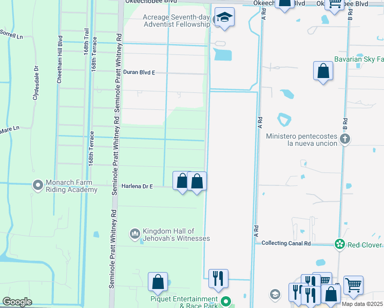 map of restaurants, bars, coffee shops, grocery stores, and more near 16032 Aintree Drive East in Loxahatchee
