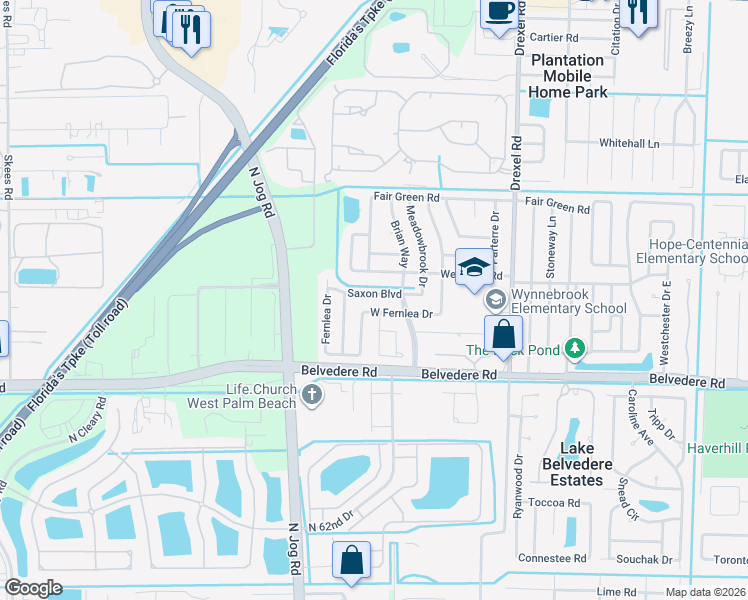 map of restaurants, bars, coffee shops, grocery stores, and more near 6368 Saxon Boulevard in West Palm Beach