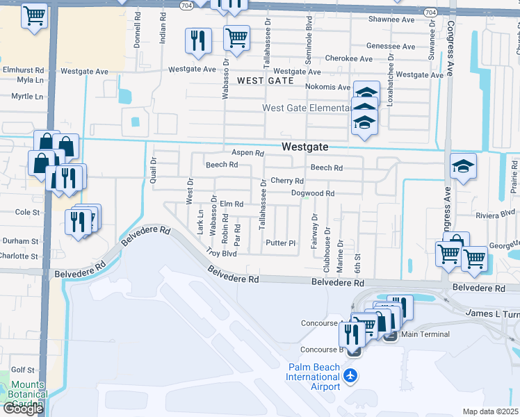map of restaurants, bars, coffee shops, grocery stores, and more near 708 Elm Road in West Palm Beach