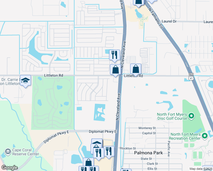 map of restaurants, bars, coffee shops, grocery stores, and more near 114 Cotillion Lane in North Fort Myers