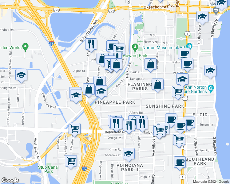 map of restaurants, bars, coffee shops, grocery stores, and more near 944 Market Street in West Palm Beach