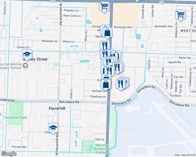 map of restaurants, bars, coffee shops, grocery stores, and more near 4607 Cole Street in West Palm Beach