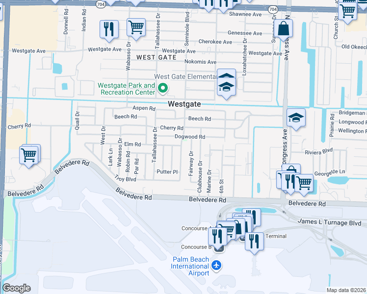 map of restaurants, bars, coffee shops, grocery stores, and more near 2312 Seminole Boulevard in West Palm Beach