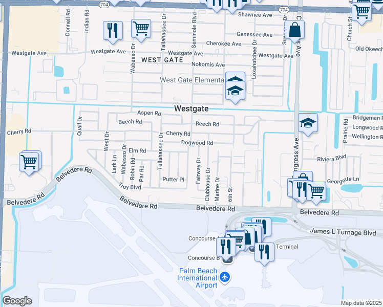 map of restaurants, bars, coffee shops, grocery stores, and more near 2312 Seminole Boulevard in West Palm Beach