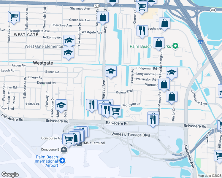 map of restaurants, bars, coffee shops, grocery stores, and more near 1280 Old Congress Avenue in West Palm Beach