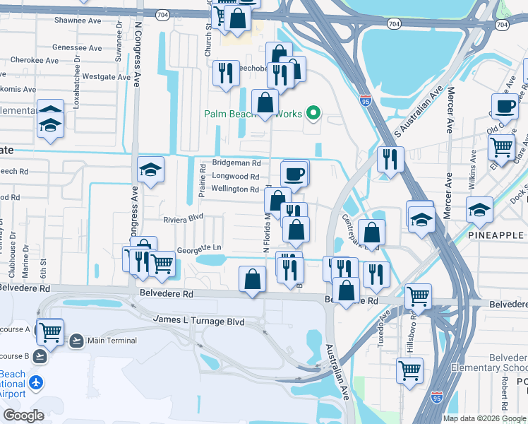 map of restaurants, bars, coffee shops, grocery stores, and more near 2001 Whitney Road in West Palm Beach