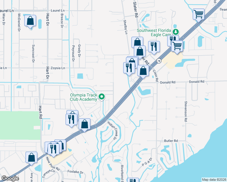 map of restaurants, bars, coffee shops, grocery stores, and more near 2154 Twin Brooks Road in North Fort Myers