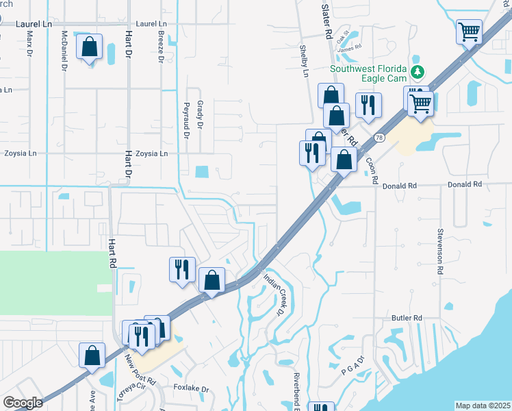 map of restaurants, bars, coffee shops, grocery stores, and more near 742 Lady Bird Lane in North Fort Myers