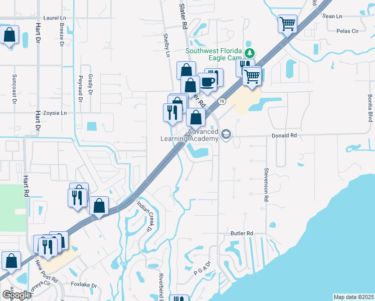 map of restaurants, bars, coffee shops, grocery stores, and more near 6340 Brant Bay Boulevard in North Fort Myers