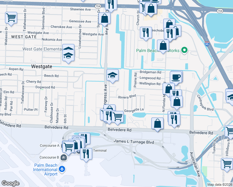 map of restaurants, bars, coffee shops, grocery stores, and more near 1286 Lily Court in West Palm Beach