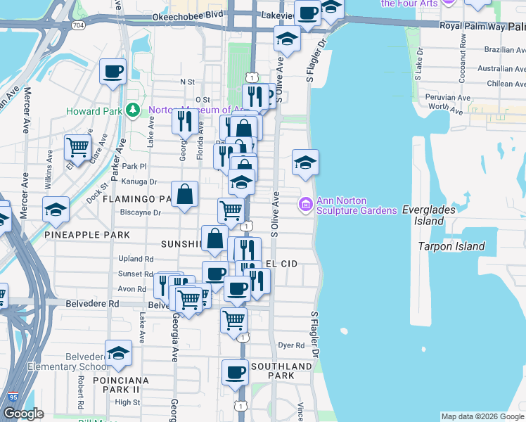 map of restaurants, bars, coffee shops, grocery stores, and more near 309 Barcelona Road in West Palm Beach