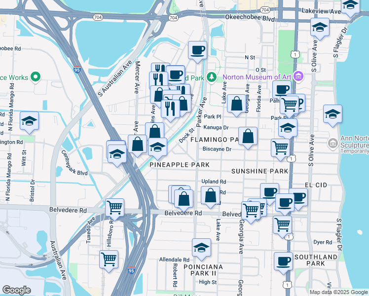 map of restaurants, bars, coffee shops, grocery stores, and more near 944 Market Street in West Palm Beach