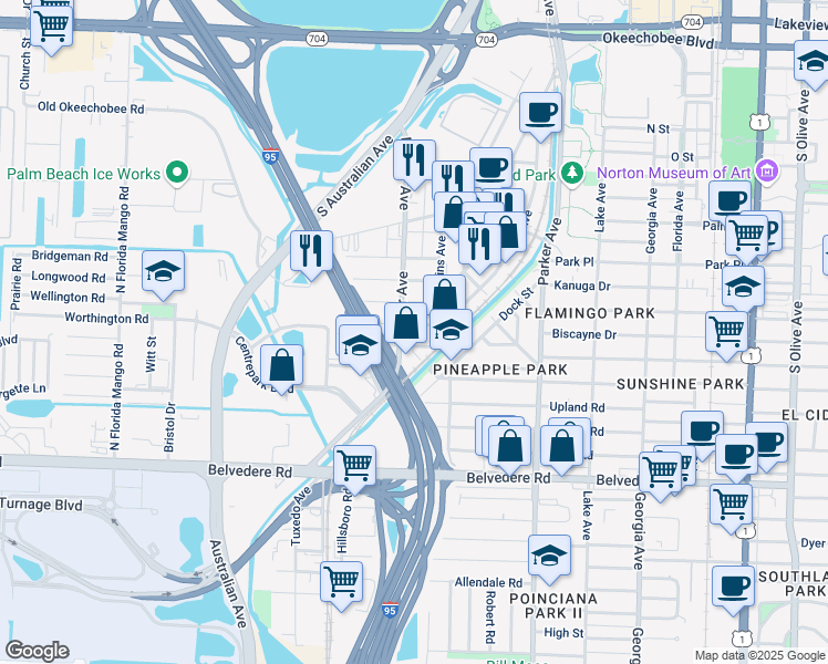 map of restaurants, bars, coffee shops, grocery stores, and more near 1212 Worthington Street in West Palm Beach