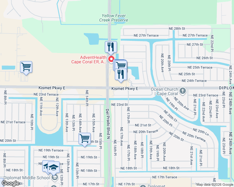 map of restaurants, bars, coffee shops, grocery stores, and more near 1617 Northeast 23rd Terrace in Cape Coral