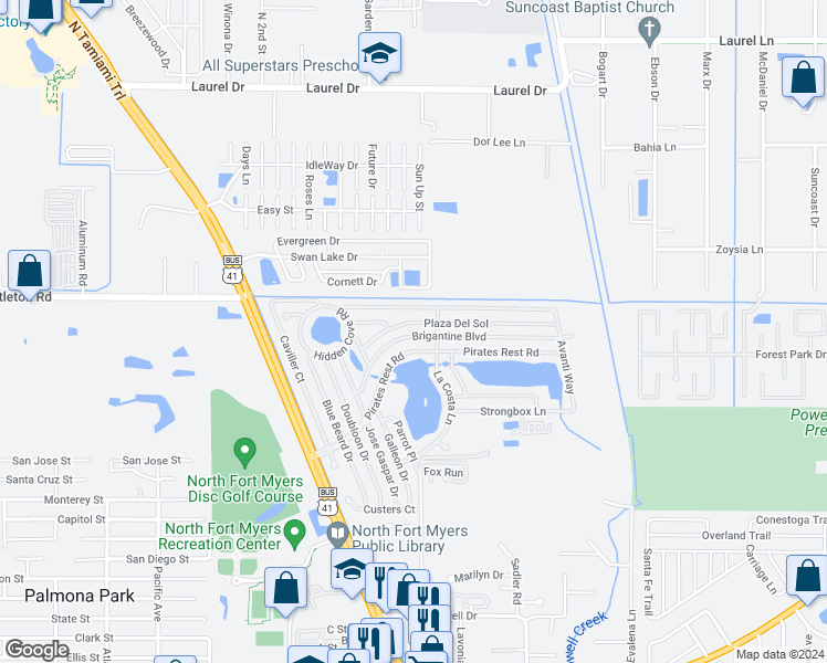 map of restaurants, bars, coffee shops, grocery stores, and more near 657 Brigantine Boulevard in North Fort Myers