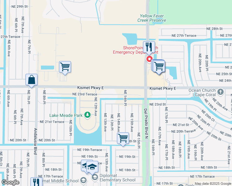 map of restaurants, bars, coffee shops, grocery stores, and more near 1323 Northeast 23rd Terrace in Cape Coral