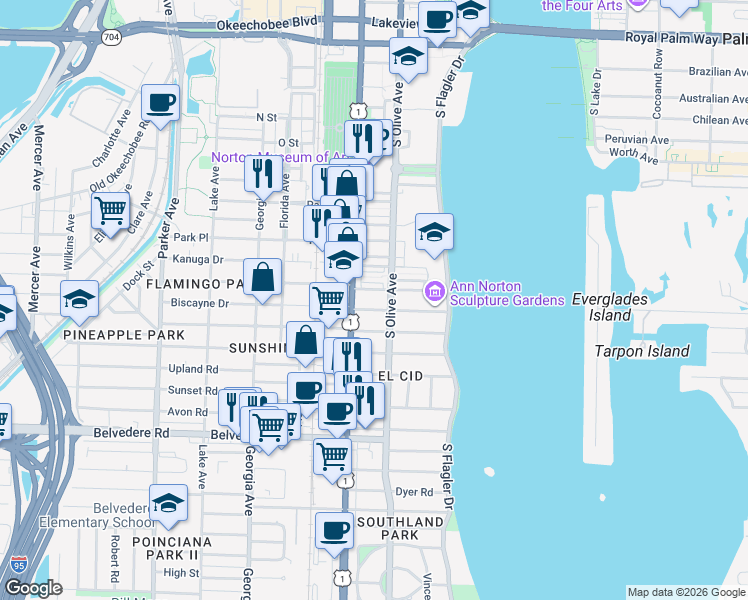 map of restaurants, bars, coffee shops, grocery stores, and more near 309 Barcelona Road in West Palm Beach