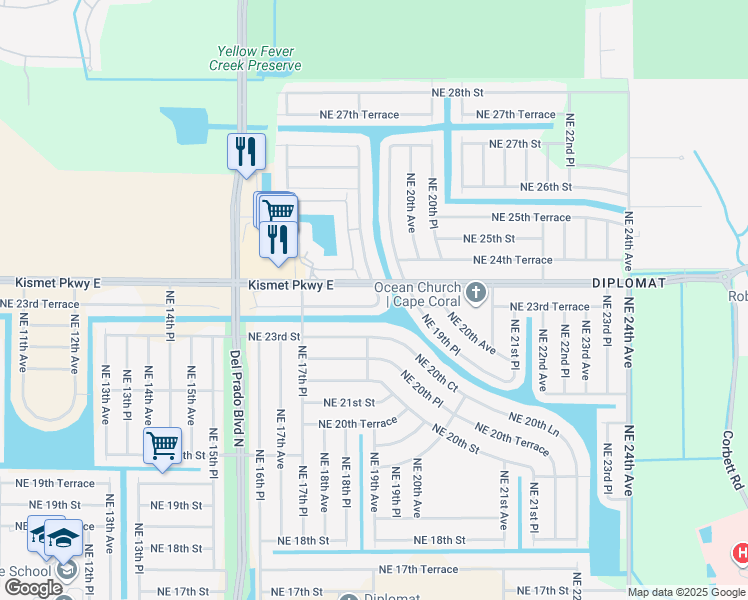 map of restaurants, bars, coffee shops, grocery stores, and more near 1833 Northeast 23rd Terrace in Cape Coral