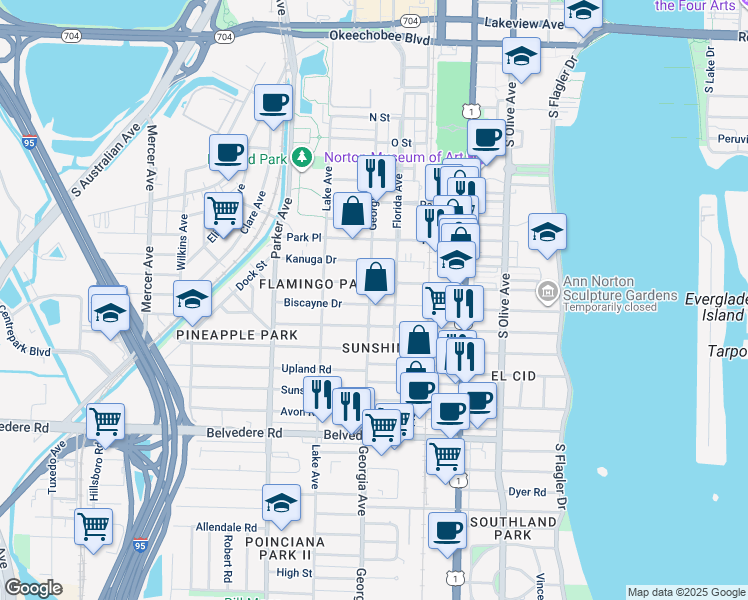 map of restaurants, bars, coffee shops, grocery stores, and more near 621 Biscayne Drive in West Palm Beach