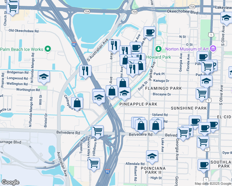 map of restaurants, bars, coffee shops, grocery stores, and more near 1212 Worthington Street in West Palm Beach