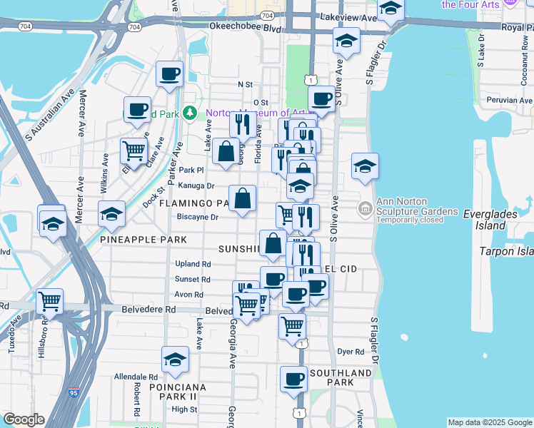 map of restaurants, bars, coffee shops, grocery stores, and more near 515 Biscayne Dr in West Palm Beach