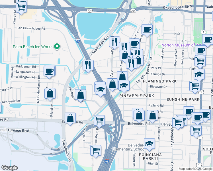 map of restaurants, bars, coffee shops, grocery stores, and more near 1314 Worthington Street in West Palm Beach