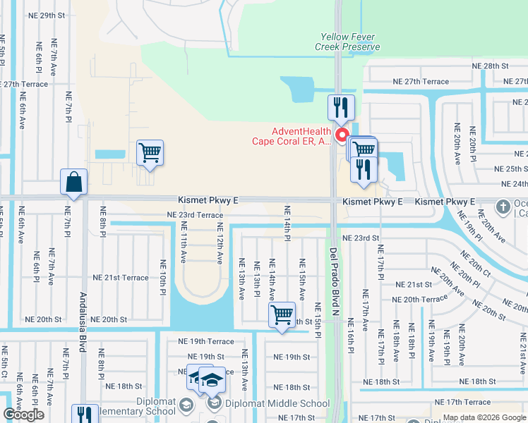 map of restaurants, bars, coffee shops, grocery stores, and more near 1313 Northeast 23rd Terrace in Cape Coral