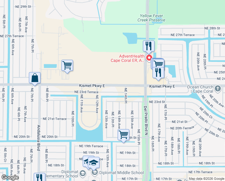 map of restaurants, bars, coffee shops, grocery stores, and more near 1313 Northeast 23rd Terrace in Cape Coral