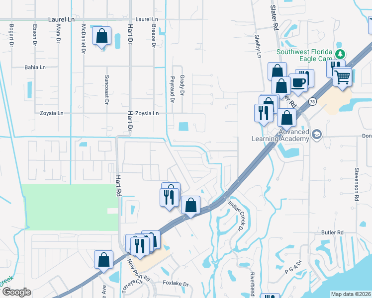 map of restaurants, bars, coffee shops, grocery stores, and more near 334 Lantern Lane in North Fort Myers