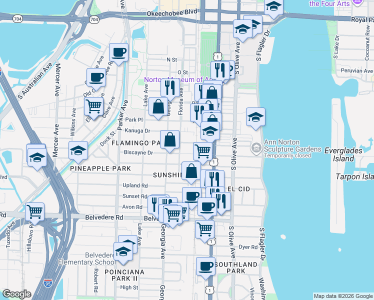 map of restaurants, bars, coffee shops, grocery stores, and more near 515 Biscayne Drive in West Palm Beach