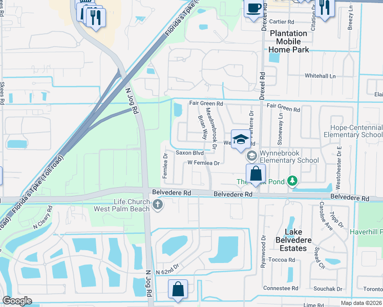 map of restaurants, bars, coffee shops, grocery stores, and more near 6368 Saxon Boulevard in West Palm Beach