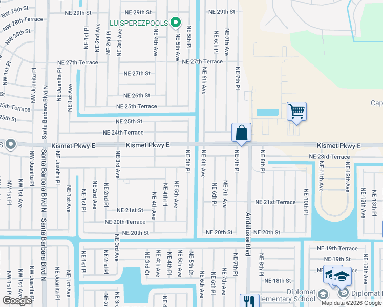 map of restaurants, bars, coffee shops, grocery stores, and more near 2315 Northeast 5th Place in Cape Coral