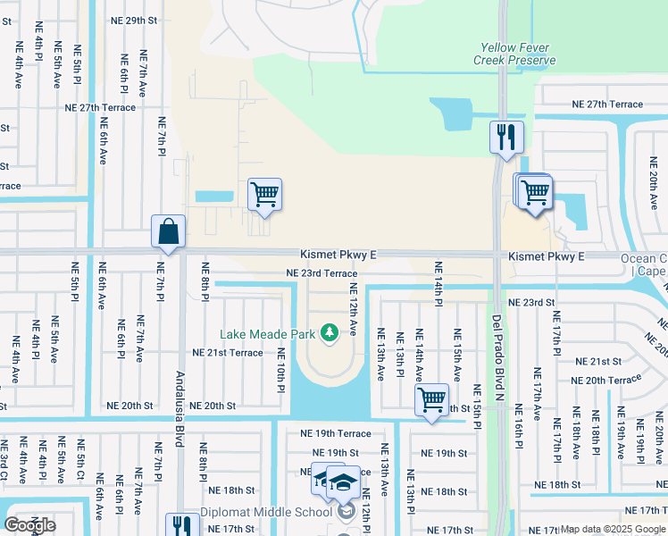 map of restaurants, bars, coffee shops, grocery stores, and more near 1117 Northeast 23rd Terrace in Cape Coral