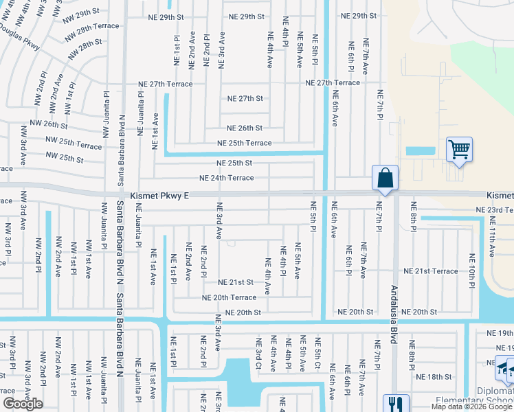 map of restaurants, bars, coffee shops, grocery stores, and more near 335 Northeast 23rd Terrace in Cape Coral