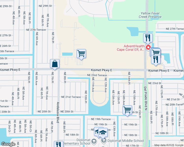 map of restaurants, bars, coffee shops, grocery stores, and more near 1031 Northeast 23rd Terrace in Cape Coral